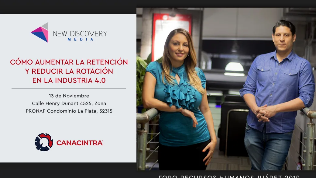 Tarjeta del evento, con los dos fundadores y el logo de CANACINTRA